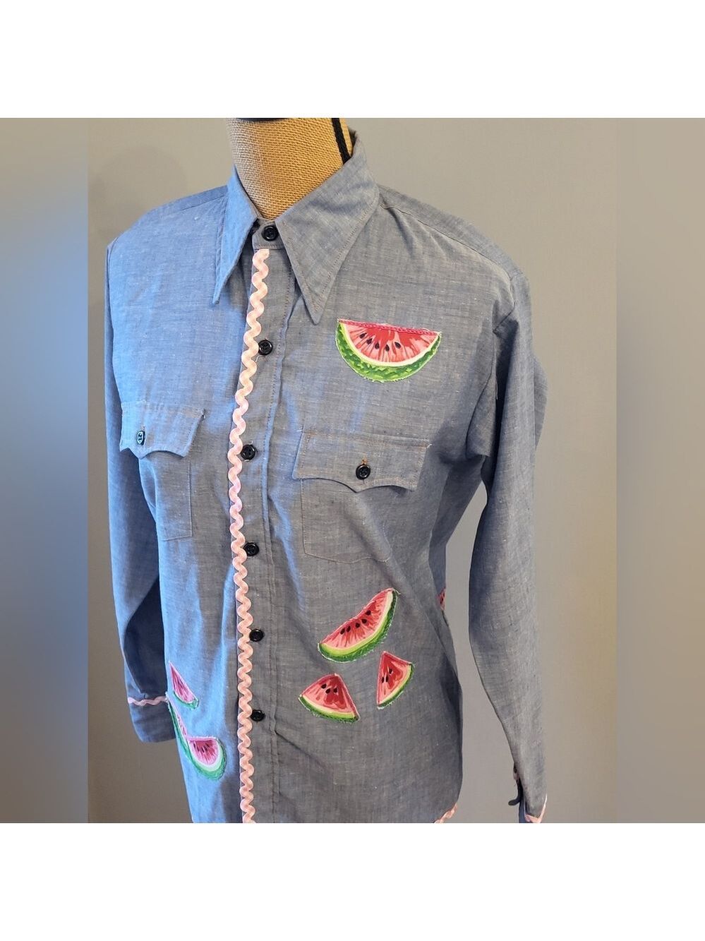 1970s Cotton Chambray Shirt With Watermelon Appliques Medium
